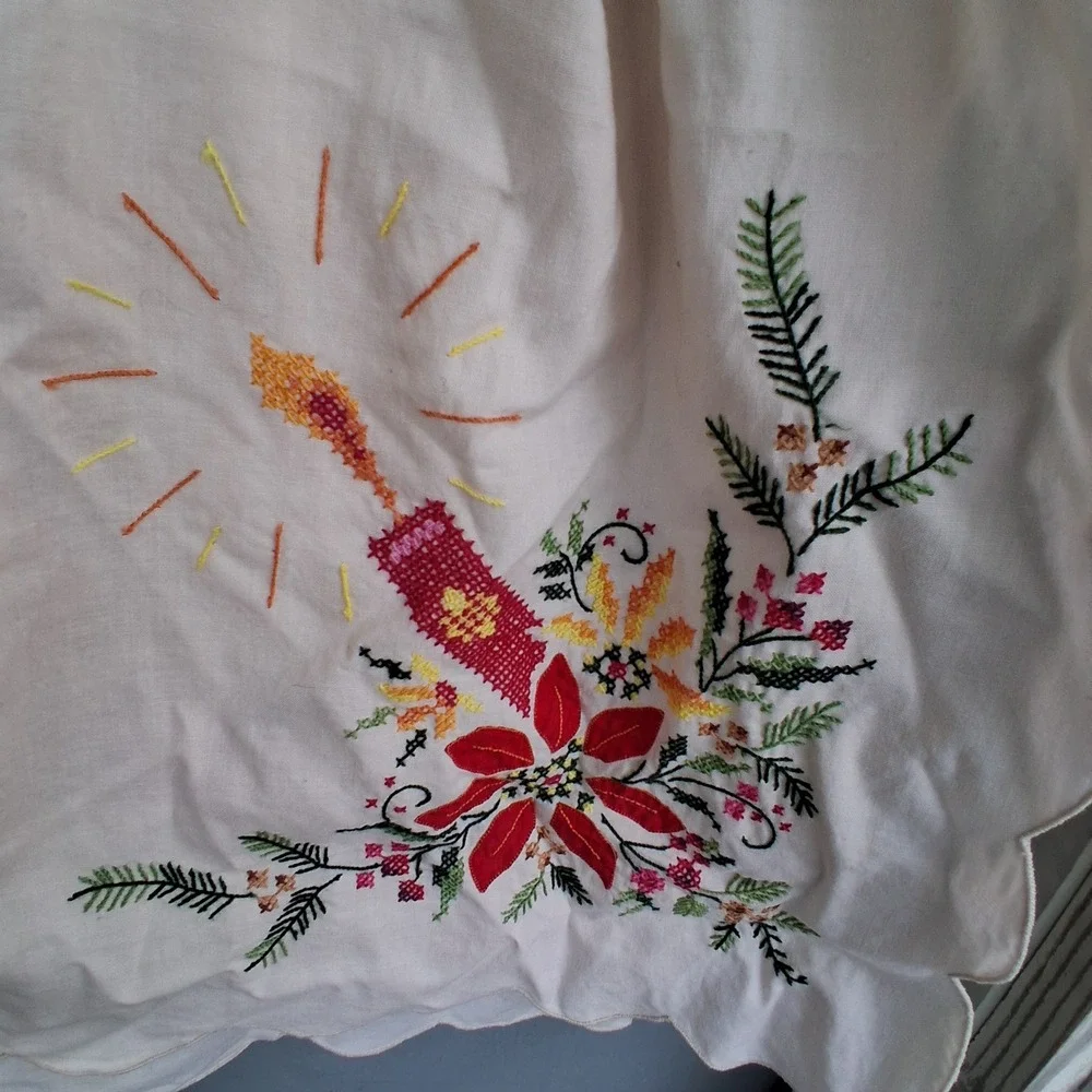 Vintage Christmas Tablecloth Embroidered Poinsettia Candle Bell Scalloped 60x120